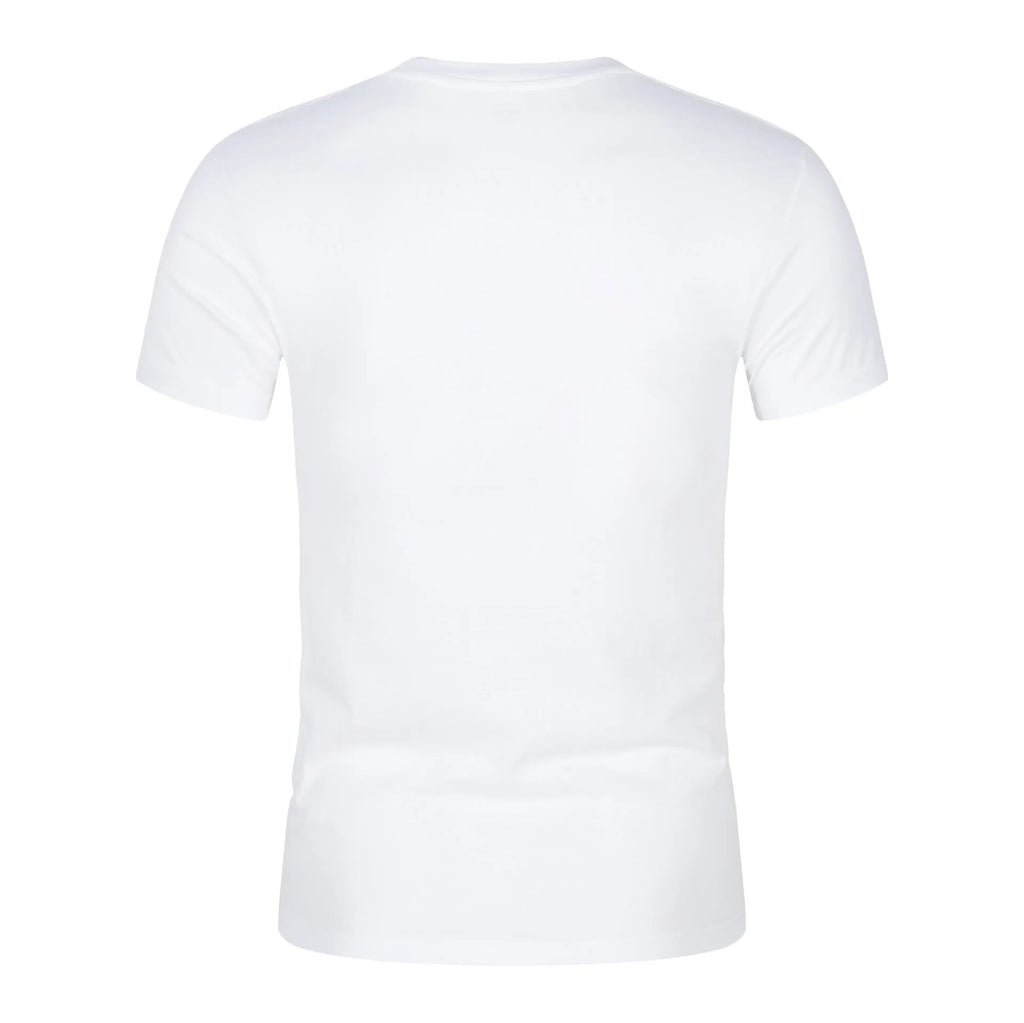 Men's solid colour CVC cotton short sleeve T-shirt on a hanger, shown in white and black.