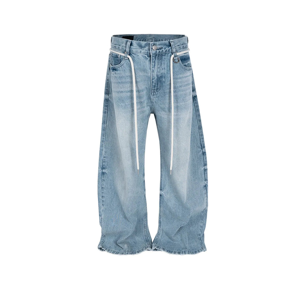 Blue vintage washed straight-leg denim trousers with drawstring waistband and zipper fly