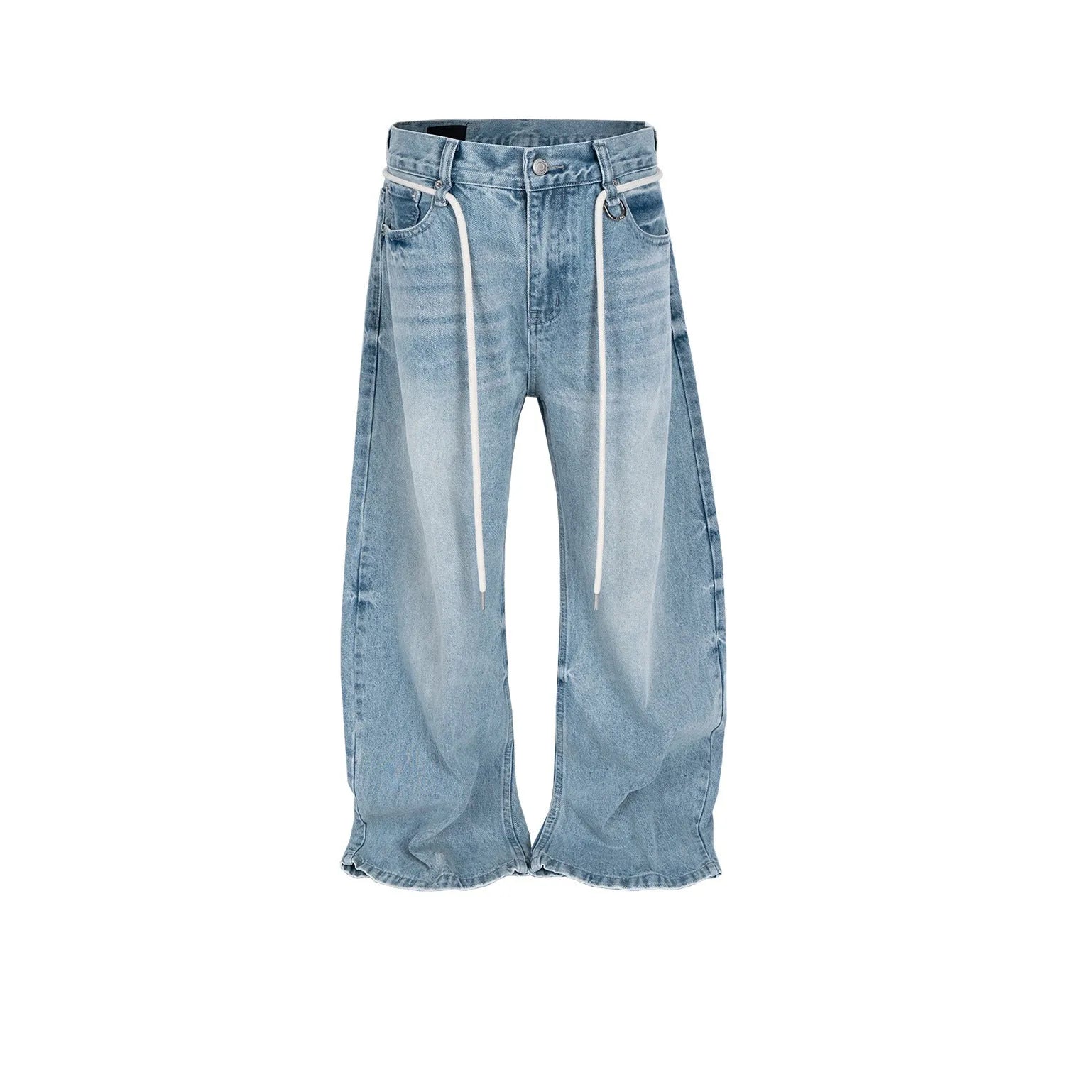 Blue vintage washed straight-leg denim trousers with drawstring waistband and zipper fly
