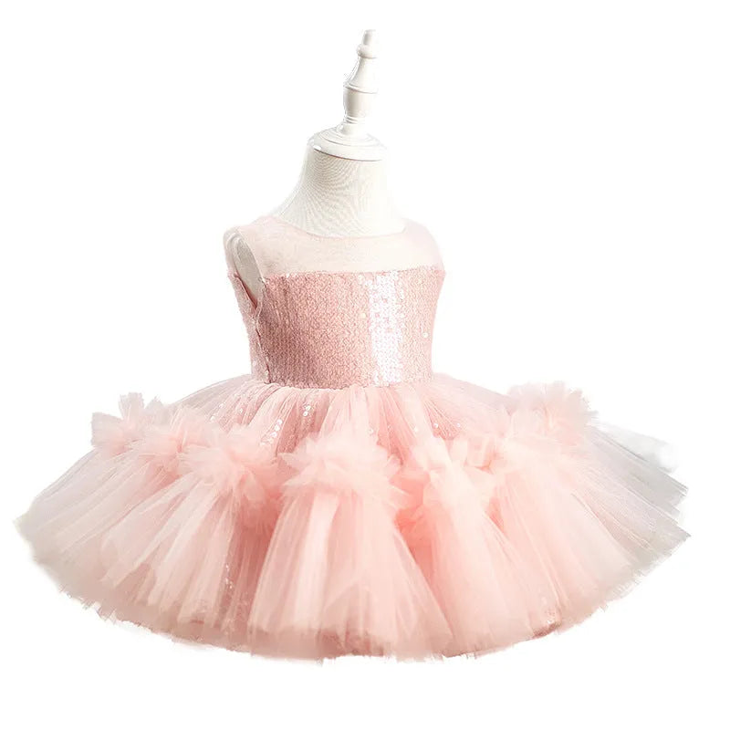 Children's sequined sleeveless pink princess dress on a girl, suitable for heights 80-160cm, polyester fabric
