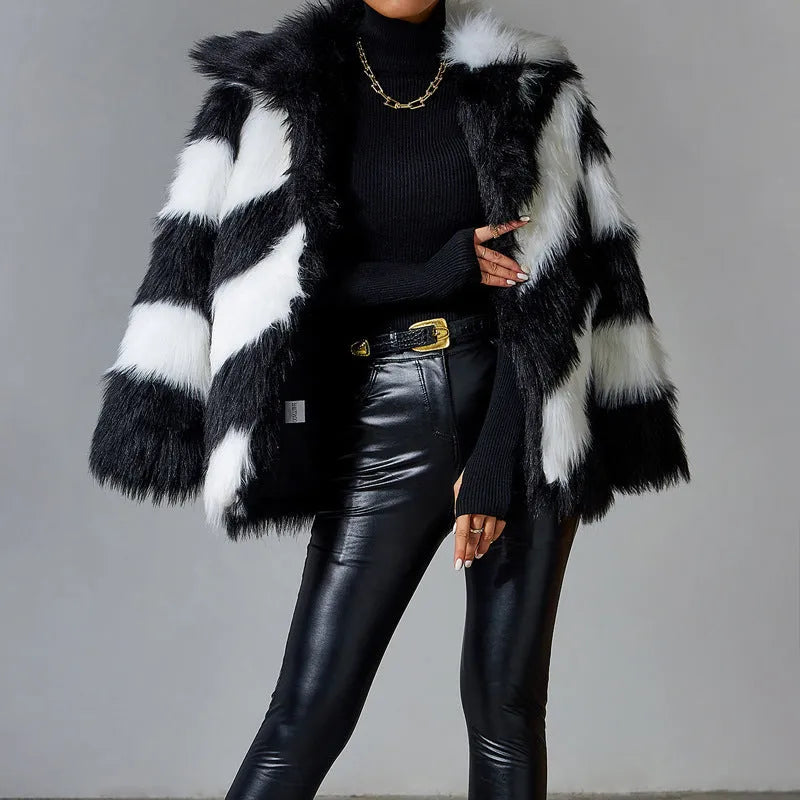 Picture colour faux fur coat with contrasting lapel and fur collar, regular sleeves.
