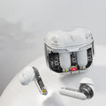 Transparent cabinet wireless Bluetooth in-ear headset in black, white, and purple colour options.