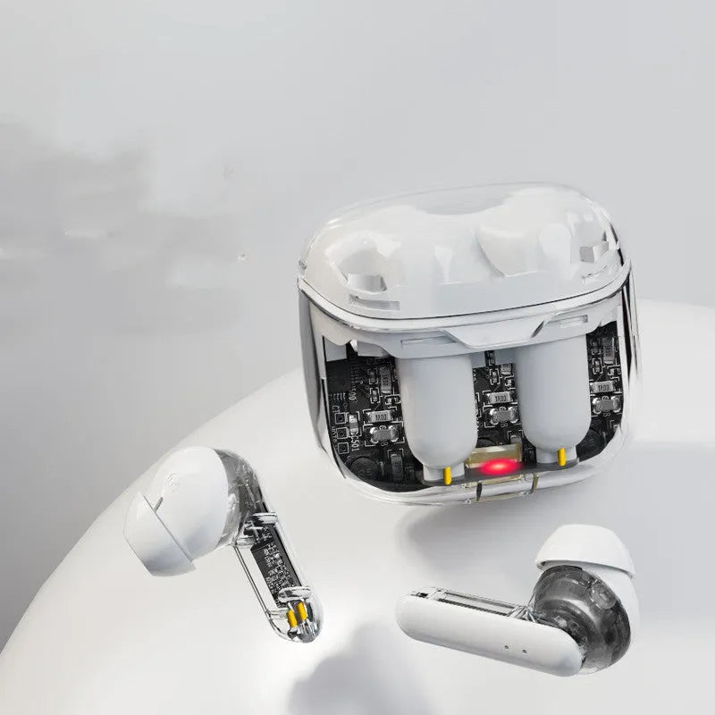 Transparent cabinet wireless Bluetooth in-ear headset in black, white, and purple colour options.