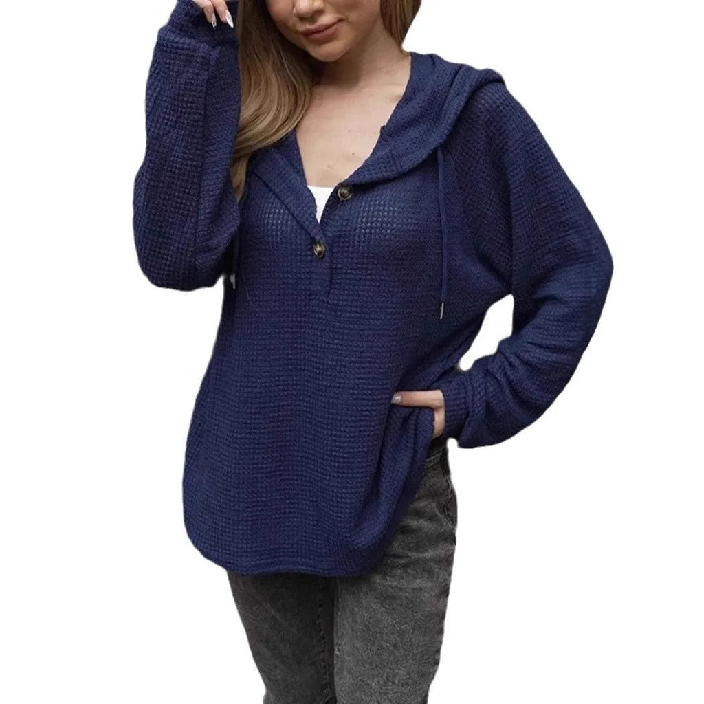 Solid colour women's hoodie with drawstrings and V-neck in dark blue, loose long sleeve polyester sweatshirt