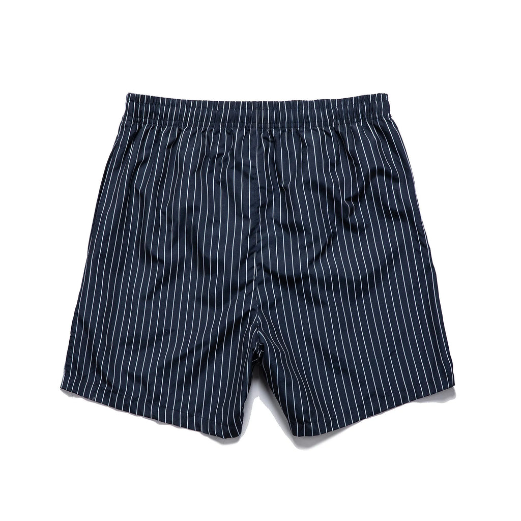 Polyester fibre striped beach shorts with triangle lining in navy blue, straight leg opening