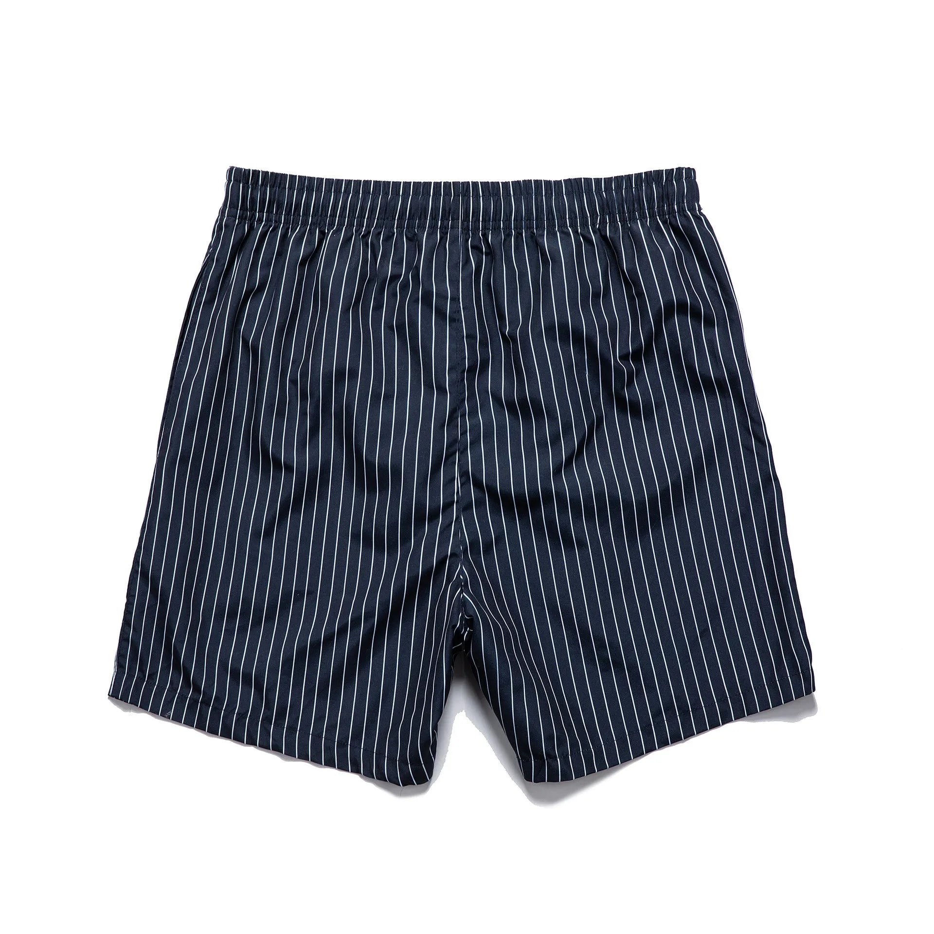 Polyester fibre striped beach shorts with triangle lining in navy blue, straight leg opening