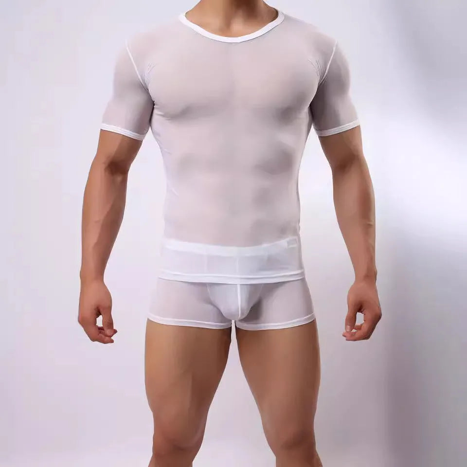 Men's slim fit solid colour mesh t-shirt on a hanger, showing transparent nylon fabric.