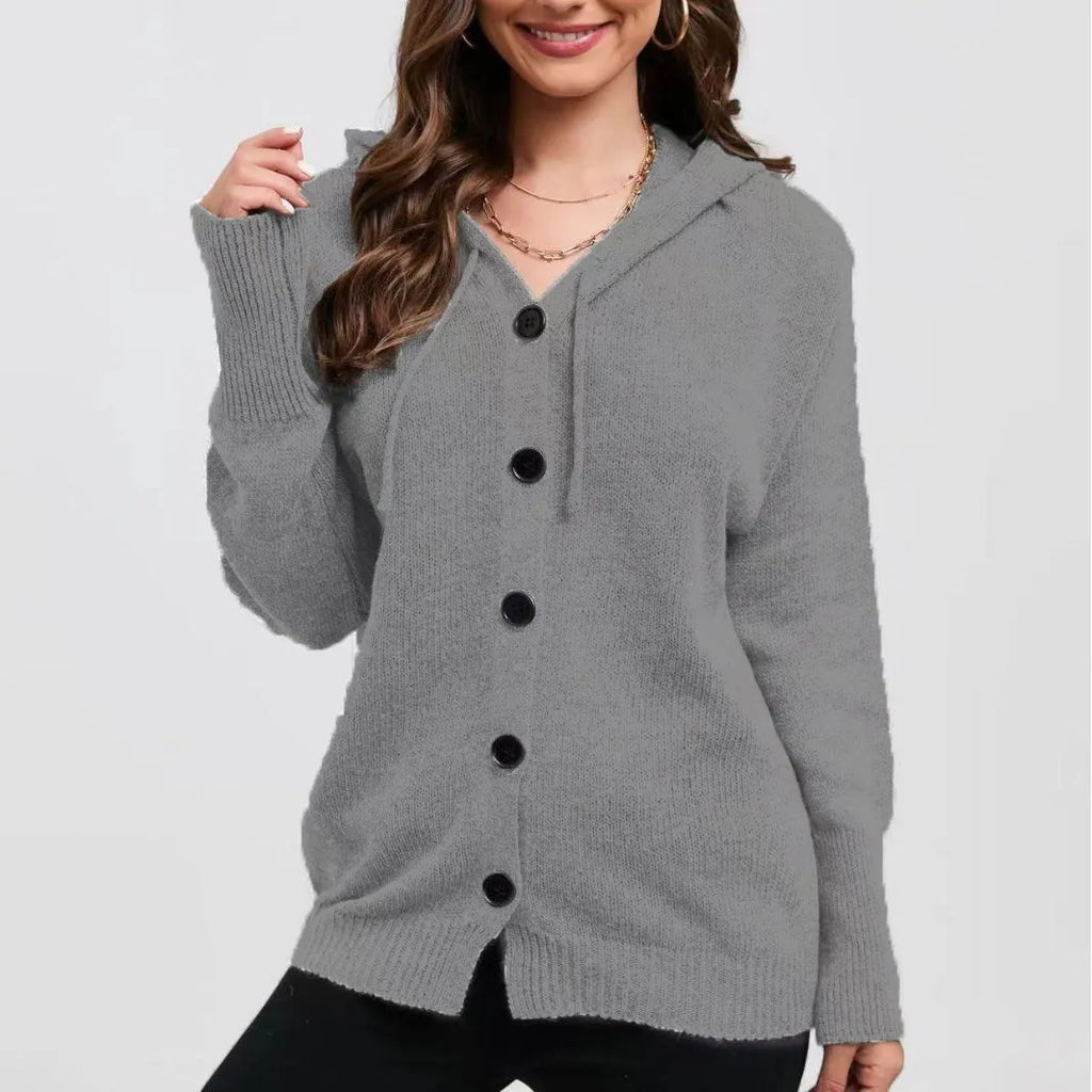 Women's loose fit hooded cardigan in solid colours including army green and sapphire blue.