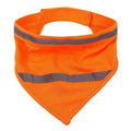 Yellow and orange polyester dog bandana with reflective stripes laid flat, showing adhesive strap closure.