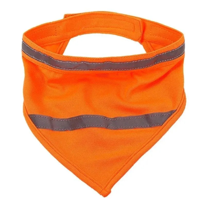 Yellow and orange polyester dog bandana with reflective stripes laid flat, showing adhesive strap closure.