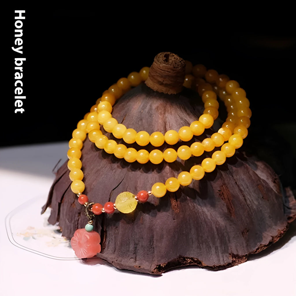 Yellow amber bracelet with 5mm beads and animal zodiac design for women's retro style travel gifts
