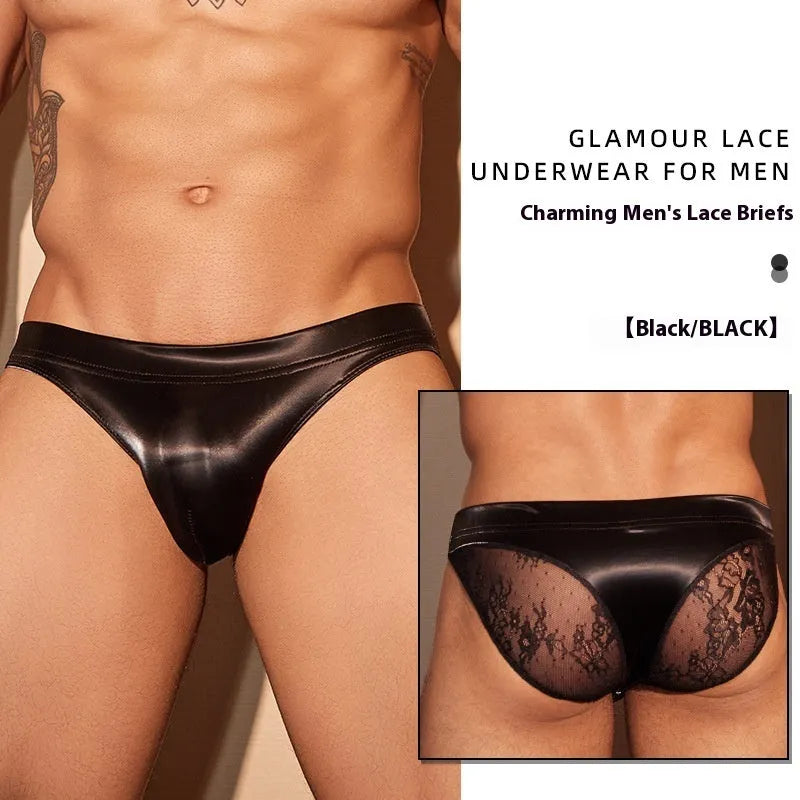 Black men's briefs made from shark skin lace polyester fabric, showing the textured material and small hip style cut.