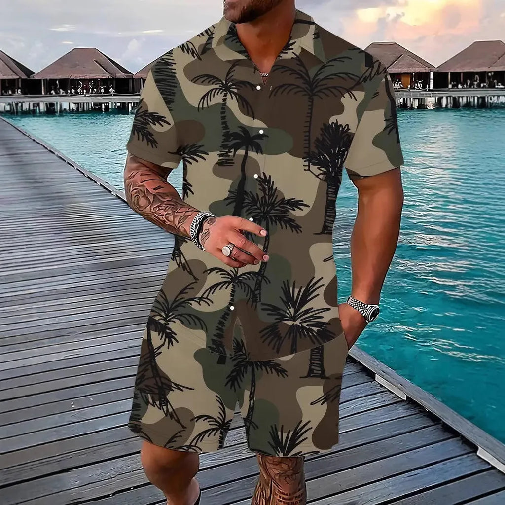 Man wearing a short sleeve Hawaii print shirt and matching shorts from the men's casual suit set.