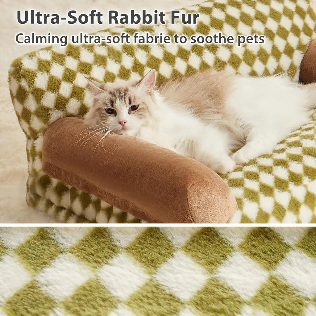 Checkered pet couch bed for cats and small dogs with a non-slip bottom, shown in three available sizes.
