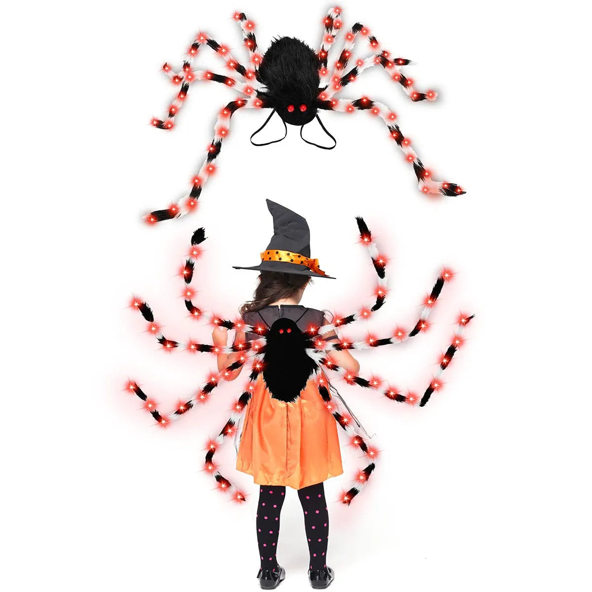 Halloween spider backpack with LED lights in plush sugar bag design showing colour options