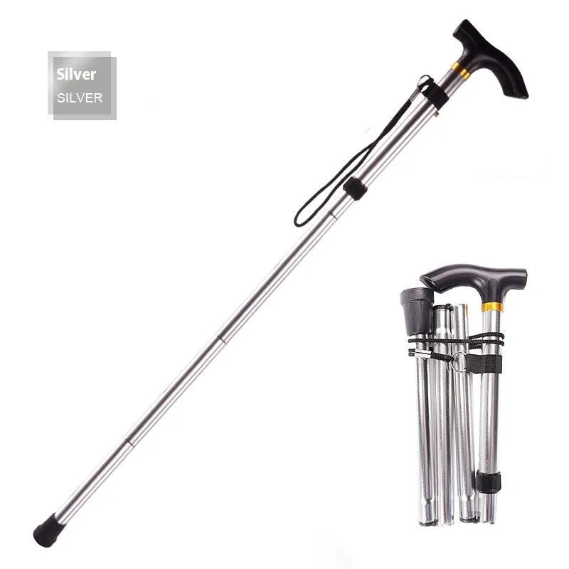 Adjustable aluminium folding cane in multiple colours, shown extended and folded.