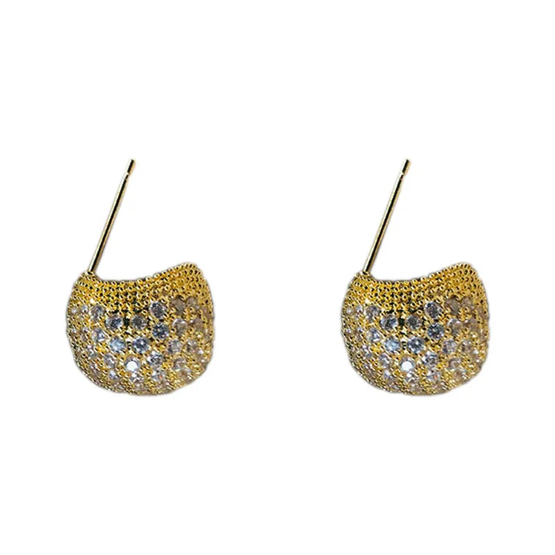 Golden beans shaped clip earrings with diamond crystals in drop geometric design