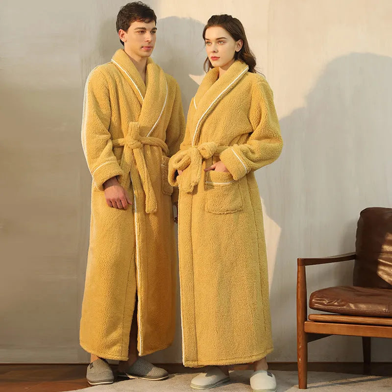 Plus-size men's bathrobe and women's nightgown couple set in thick winter flannel fabric
