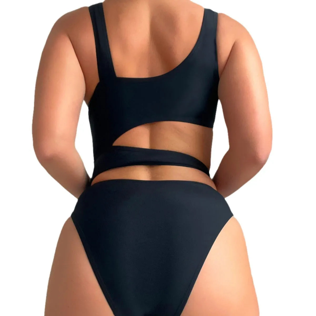 Black hollow high cut one-piece swimsuit on hanger showing sleeveless design