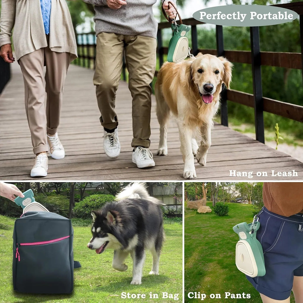 Portable handheld dog pooper scooper with expandable container and clip attachment in blue colour
