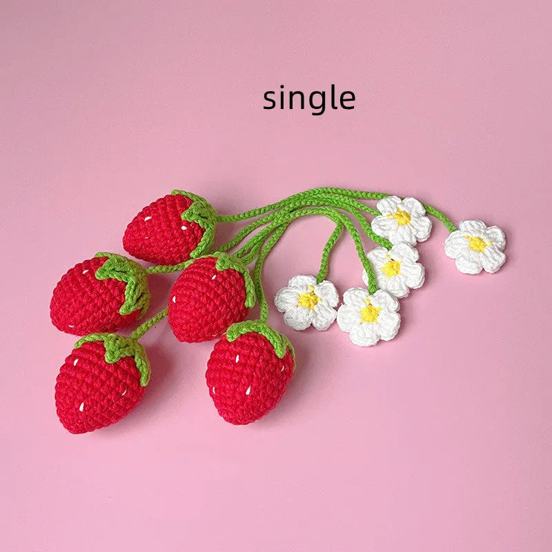 Wool crochet strawberry pendant necklace with knitted texture and 35cm length