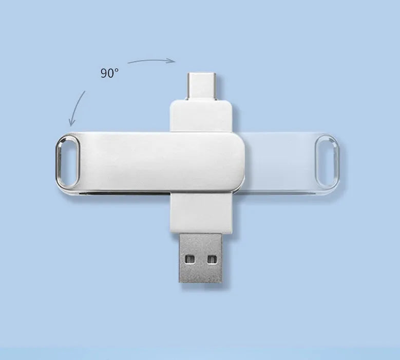 Silver rotating metal USB flash drive showing both USB and Type-C connectors