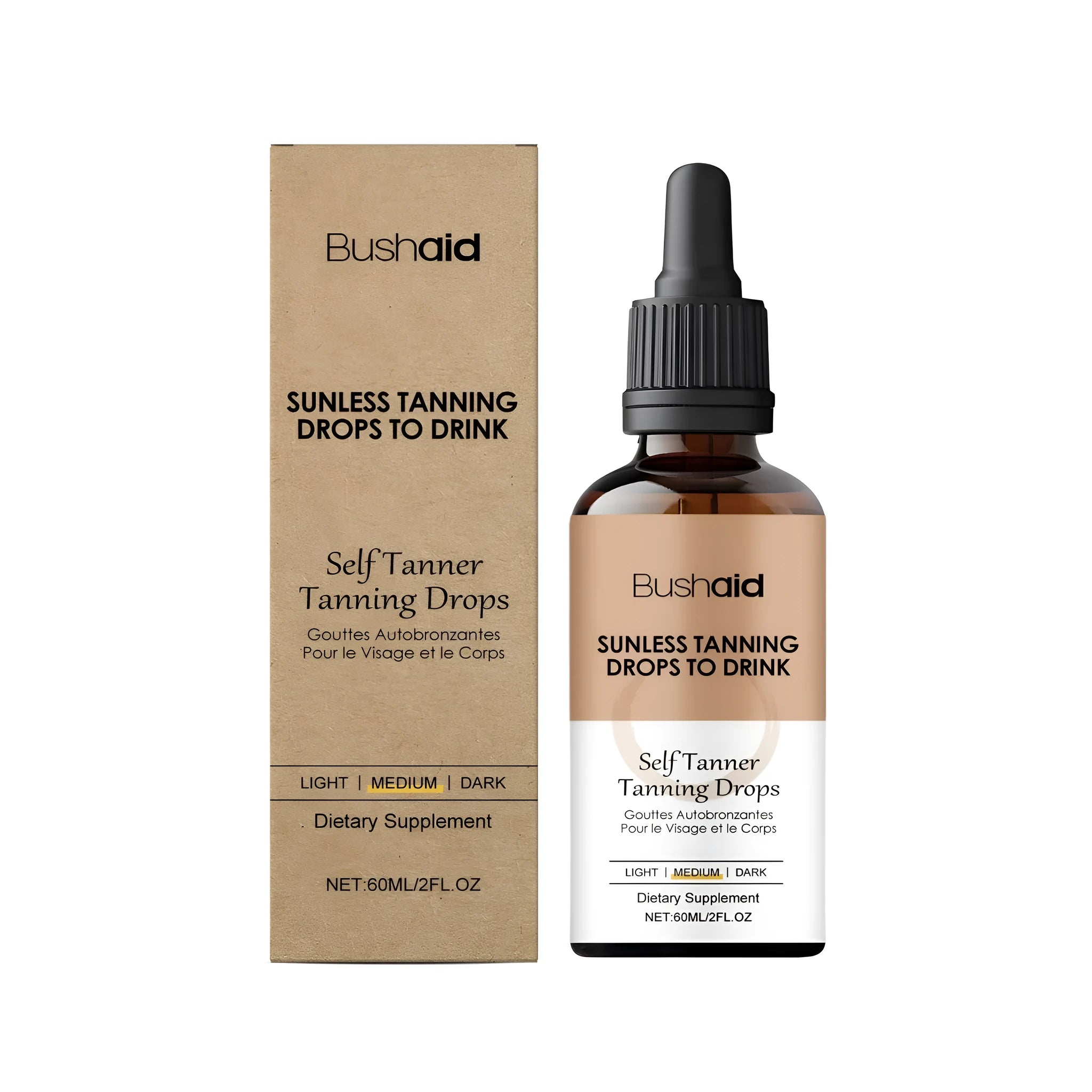 60ml bottle of self drying tanning health drops with a dropper, containing traditional Chinese medicine extract.