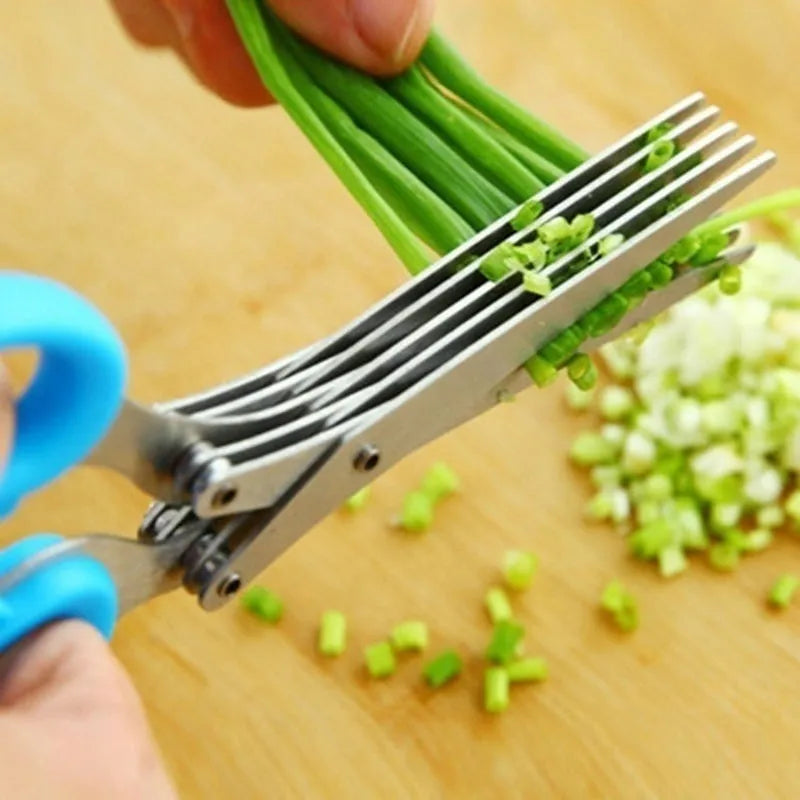 Stainless steel multi-layer onion scissors for cutting herbs and green onions.