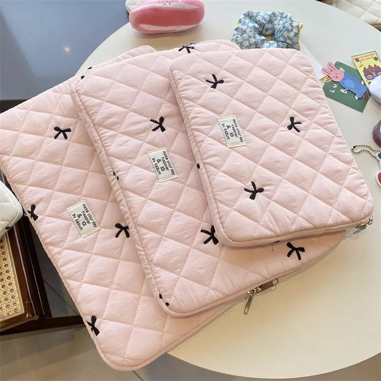 Nylon laptop storage bag with embroidered rhombus bow design in multiple colour options