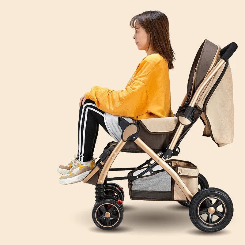 Lightweight folding reversible baby stroller with four-wheel shock absorption in multiple colour options