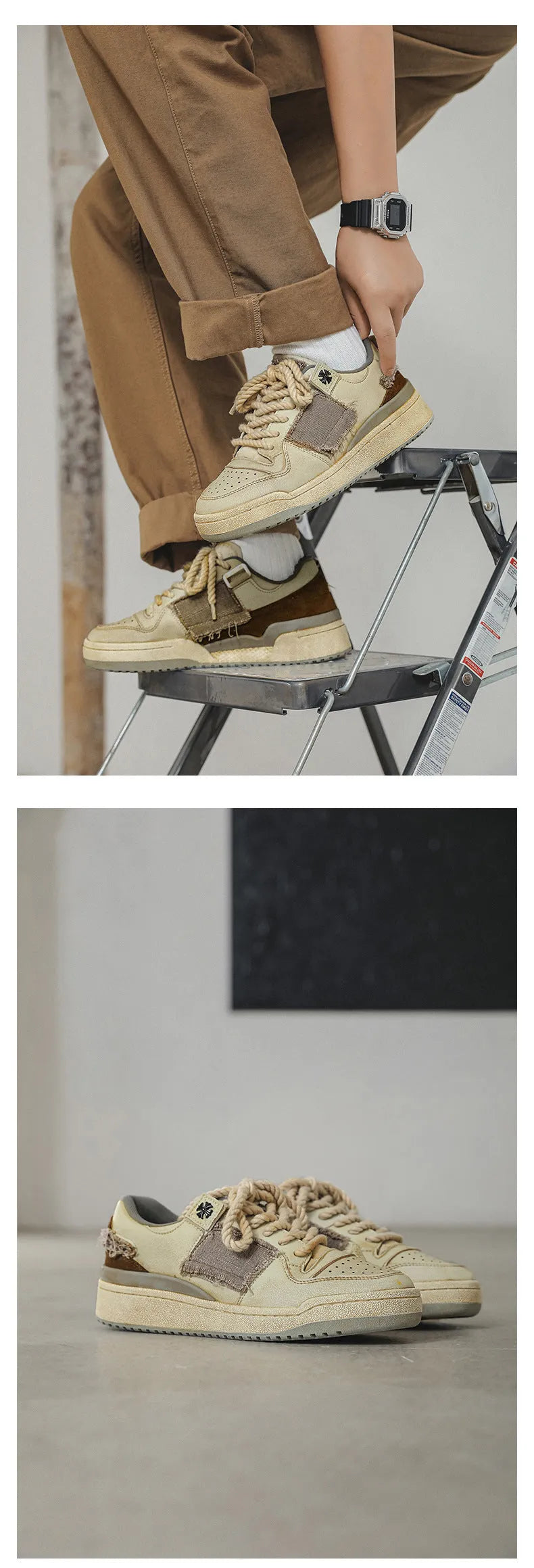 Beige vintage style skateboard sneakers with round toe and rubber sole