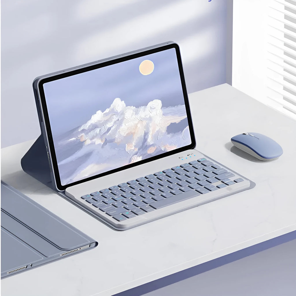 Bluetooth keyboard holster case for Xiaomi Mi Pad 5 in Mist Blue with keyboard and stylus slot.
