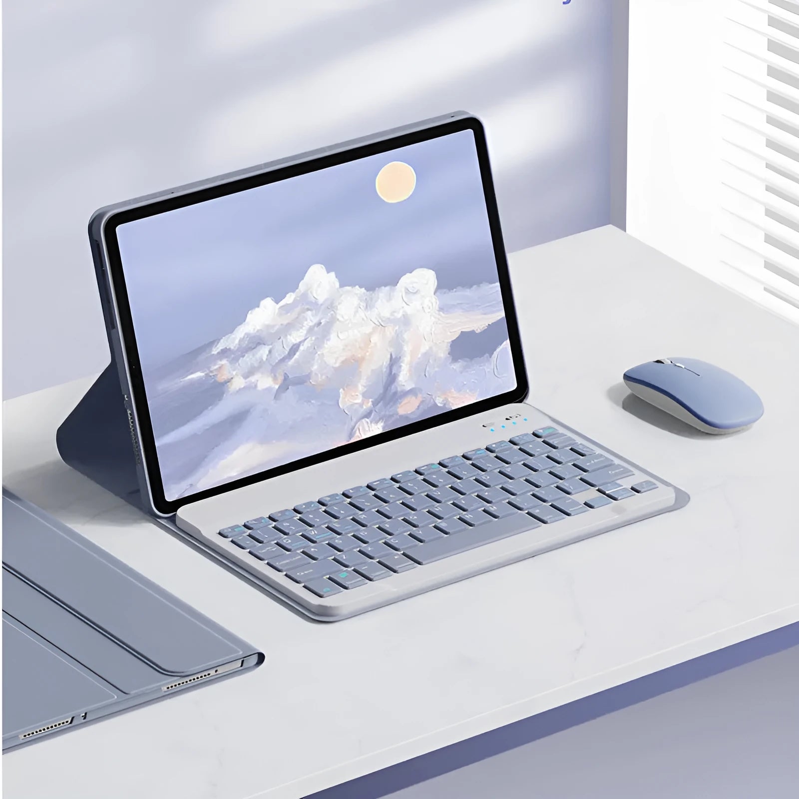 Bluetooth keyboard holster case for Xiaomi Mi Pad 5 in Mist Blue with keyboard and stylus slot.