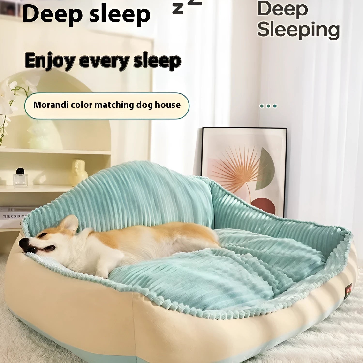 Morandi coloured removable washable pet bed mat with lazy sofa design for dogs and cats, shown in two size options.