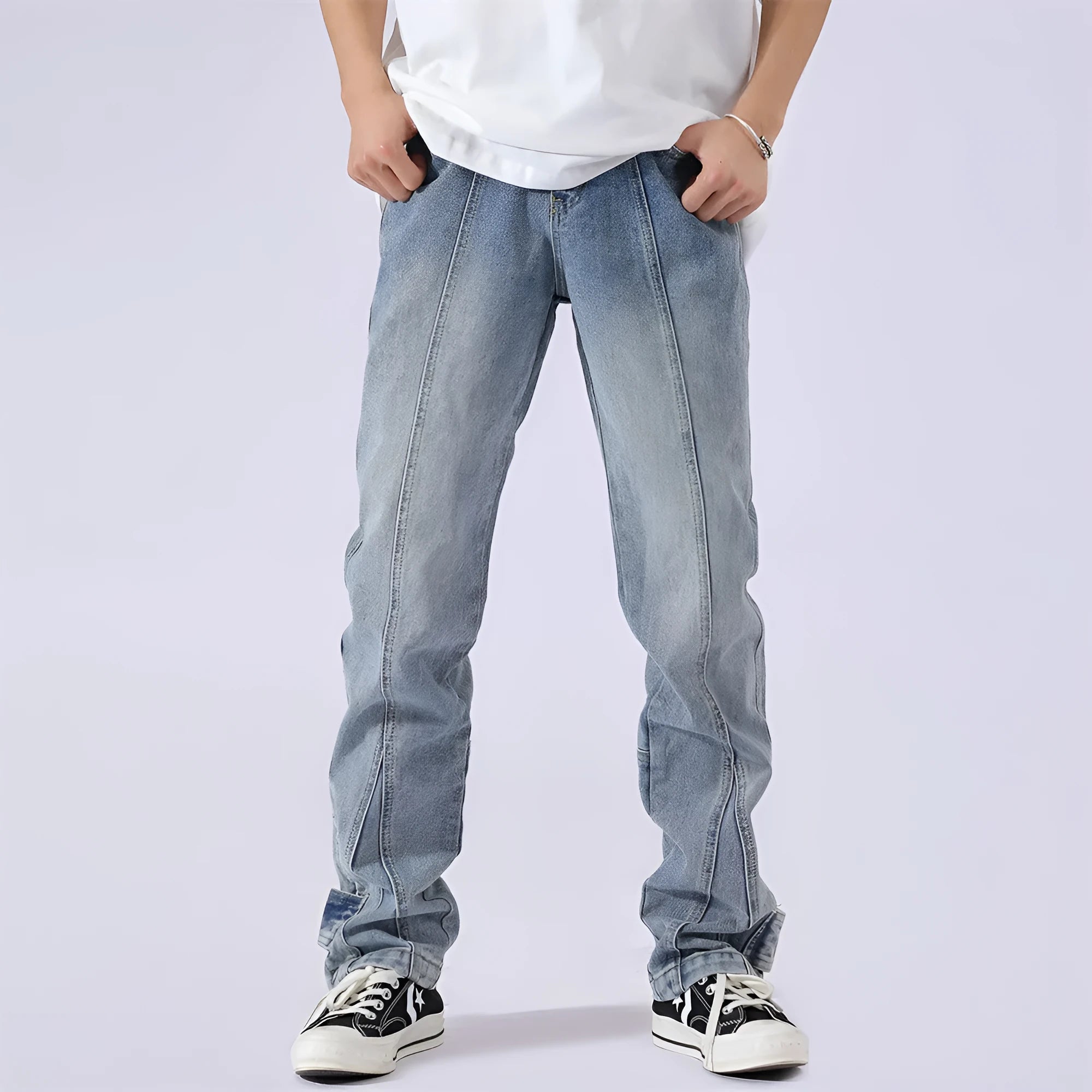 Blue cotton patchwork straight-leg jeans for men with size chart S to XXL