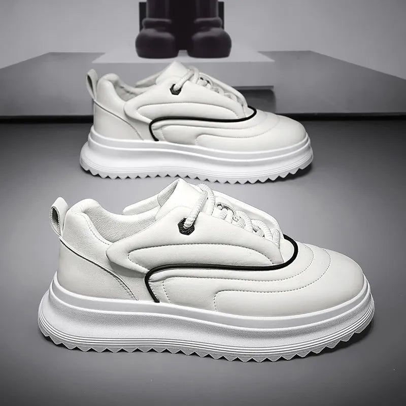 Men's and women's PU leather casual shoes with a thick sole in khaki, apricot, ivory white and black knight colours.