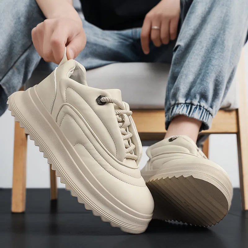 Men's and women's PU leather casual shoes with a thick sole in khaki, apricot, ivory white and black knight colours.