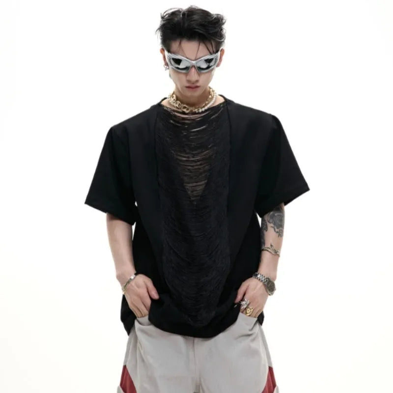 Drum black men's loose fit V-neck T-shirt with short sleeves and tussle detail.