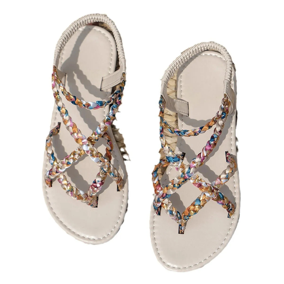 European and American style flat sandals in white with colour-matching pattern and elastic band