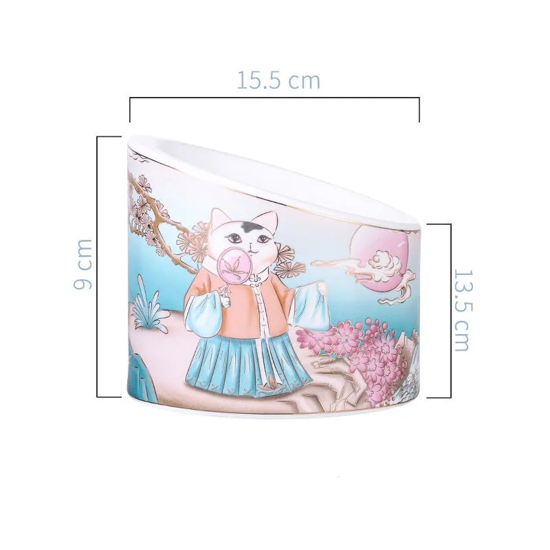 Chinese style ceramic cat bowl with high legs, double bowl design, and oblique mouth
