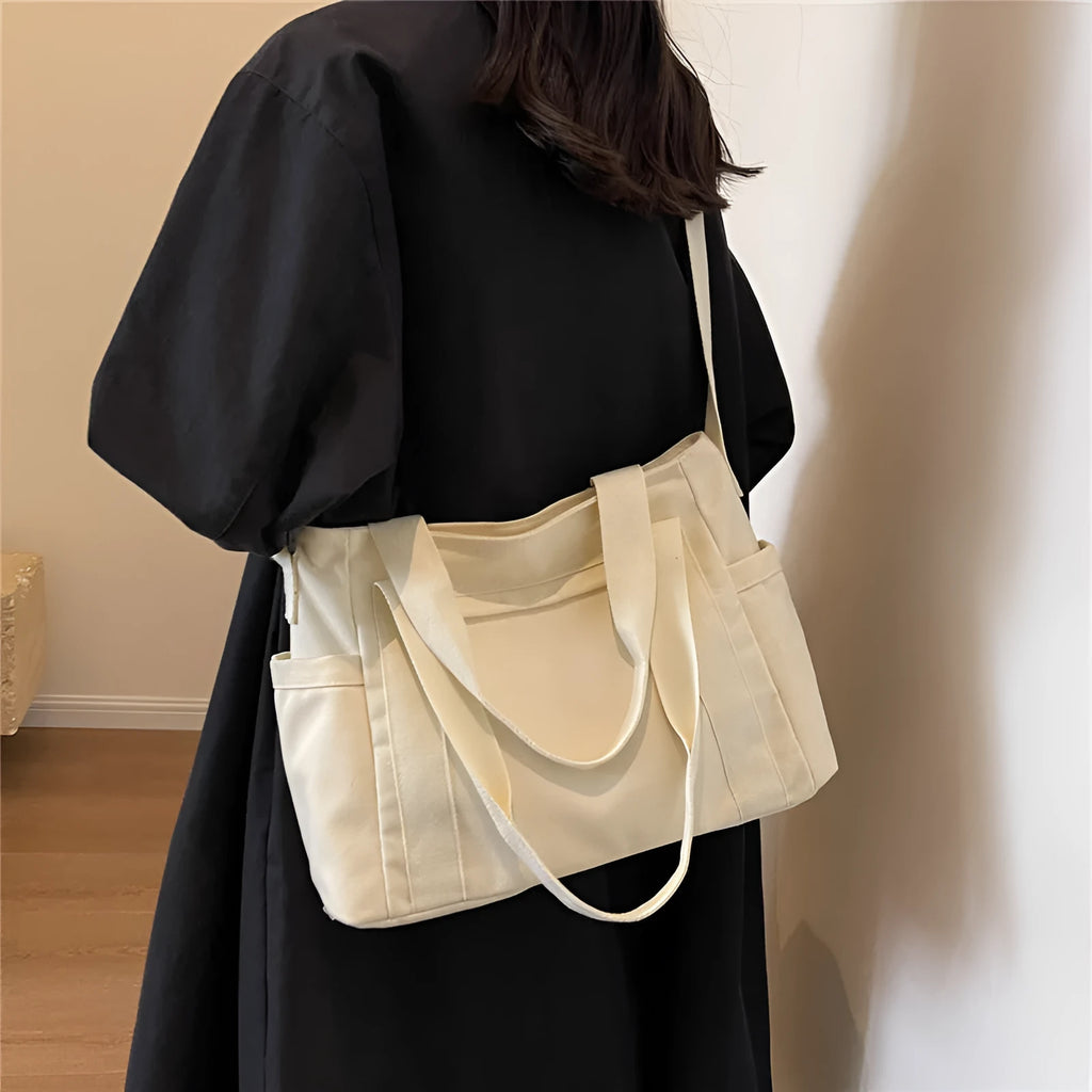 Large capacity polyester canvas shoulder tote bag with external pocket and phone compartment