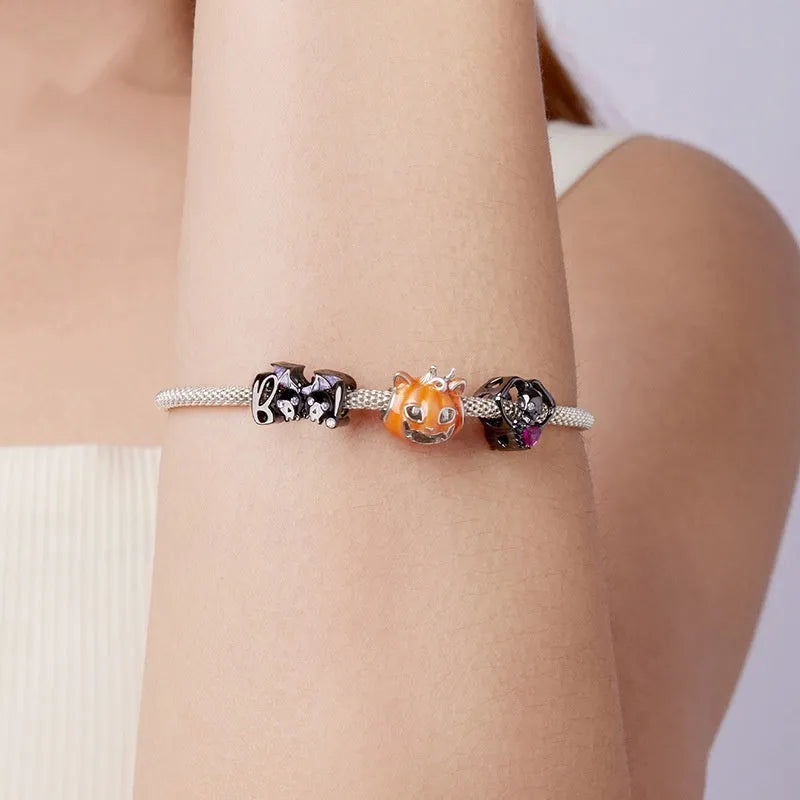 Halloween luminous oil dripping pumpkin cat bead in 925 sterling silver, height 1.2 cm width 1.1 cm