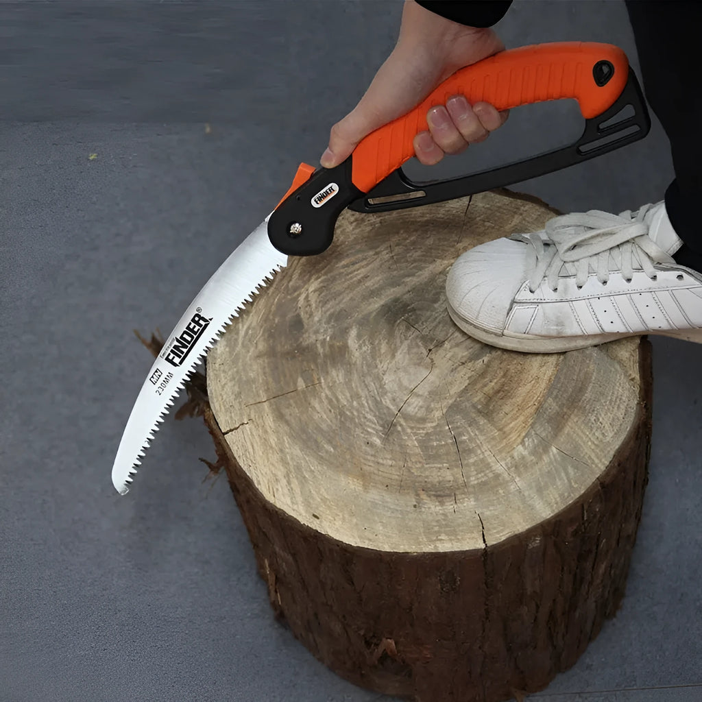 230mm folding garden saw with black TPR handle and silver steel blade, shown both open and closed.