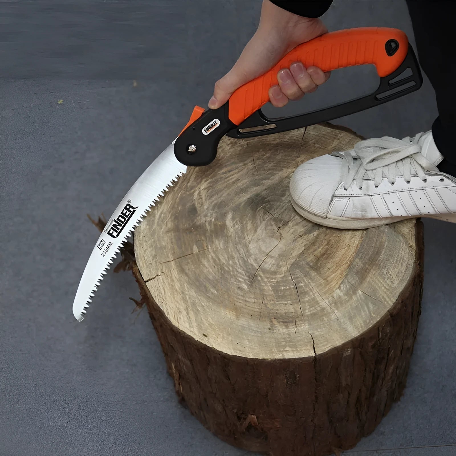 230mm folding garden saw with black TPR handle and silver steel blade, shown both open and closed.