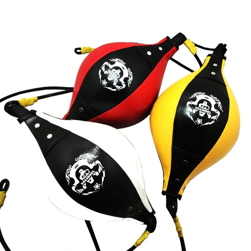 Diamond pattern boxing speed ball hanging from elastic cord in black and red colour option