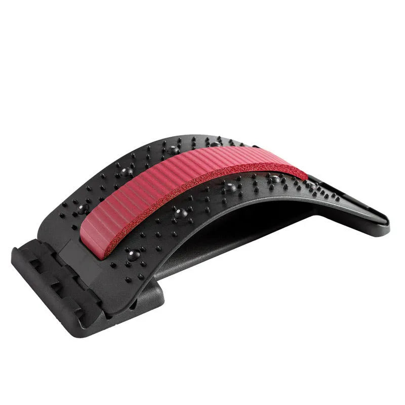 A blue and black adjustable back stretcher with 8 massage heads in a rectangular trapezoid shape for waist and back pain relief.