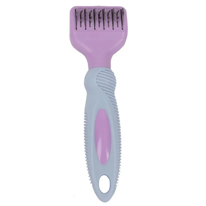 Pink pet grooming comb with stainless steel knot knife, massage brush, and cat brush attachment
