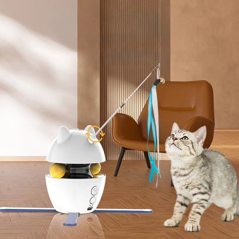 White automatic electronic cat toy with rotating stick and elastic rope for indoor feline entertainment