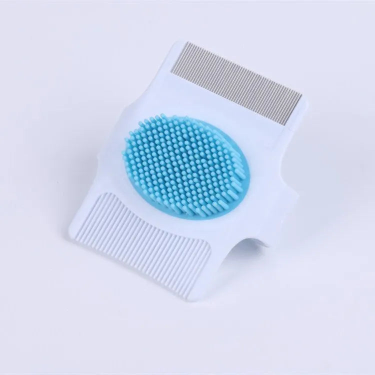 Blue multifunctional pet comb with hair removal, massage, and flea removal functions showing dimensions