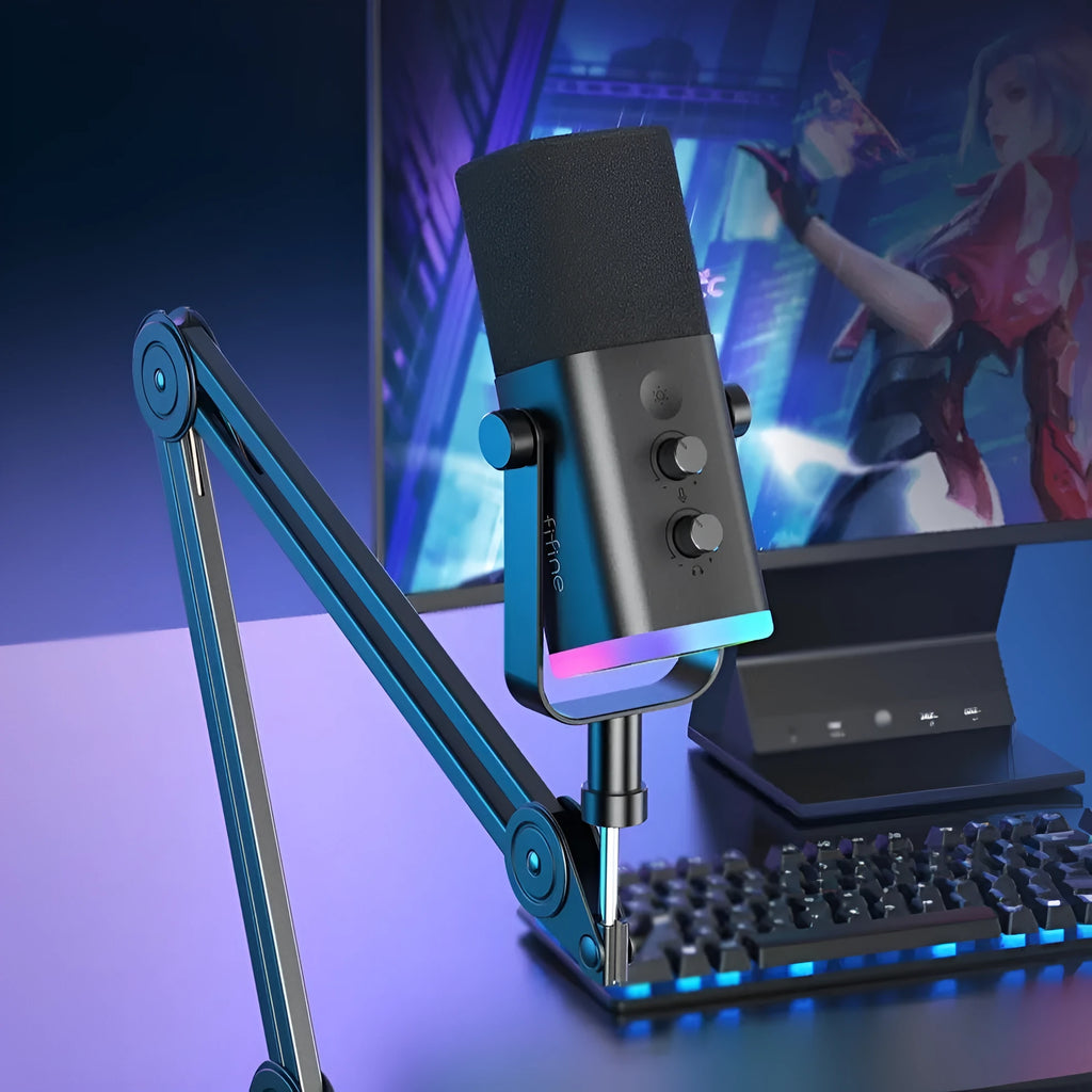 Dynamic noise reduction condenser microphone in black, pink, or white with XLR cable and adjustable desktop bracket.